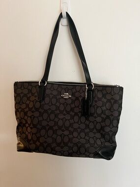 Coach Black Signature Canvas Tote with Leather Trim